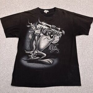 VTG Warner Bros TAZ Boombox Graphic T-Shirt Mens Large Black Distressed Faded